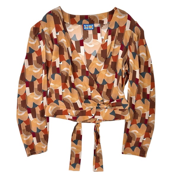 LHD Brown Geometric Print Long Sleeve Lightweight Silk Wrap Blouse Shirt Top
